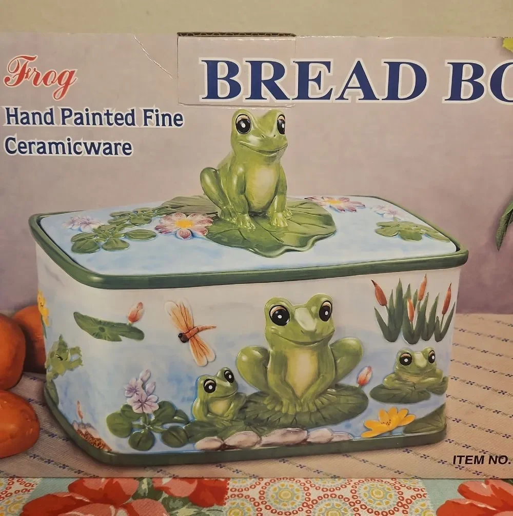 K Frog Hand-Painted Green Ceramic Bread Box